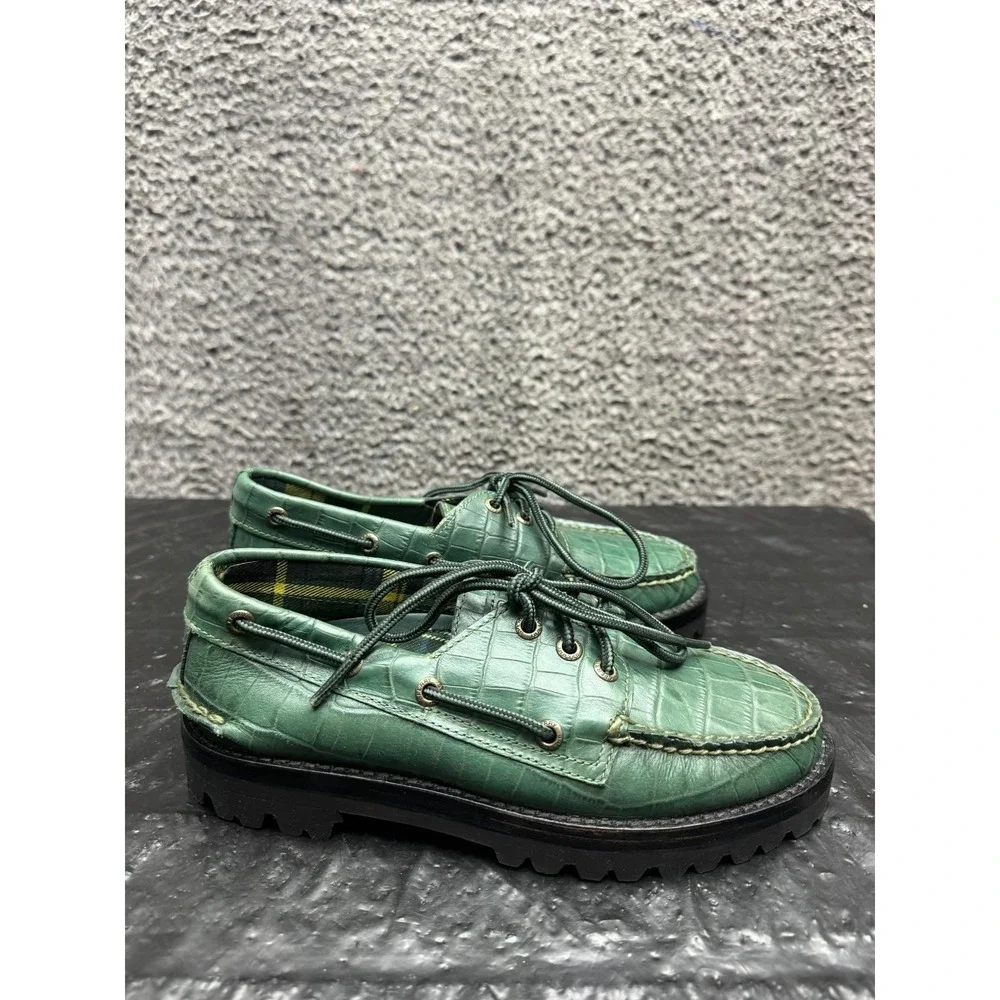 Sperry Malbon Golf 3-Eye Bone Croc Leather Boat Green STS25221 Shoes Mens 5 US